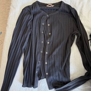 H&M Black Ribbed Button-Front Long Sleeve Top